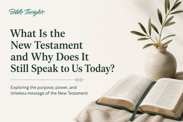 Bible Insights featured image for "What Is the New Testament and Why Does It Still Speak to Us Today?" showing an open Bible and olive branches in a minimalist Christian design.