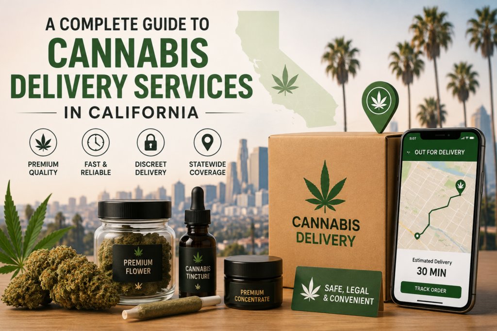 A complete guide to cannabis delivery services in California, featuring cannabis products, a delivery package, smartphone tracking, and a California map