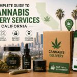A complete guide to cannabis delivery services in California, featuring cannabis products, a delivery package, smartphone tracking, and a California map
