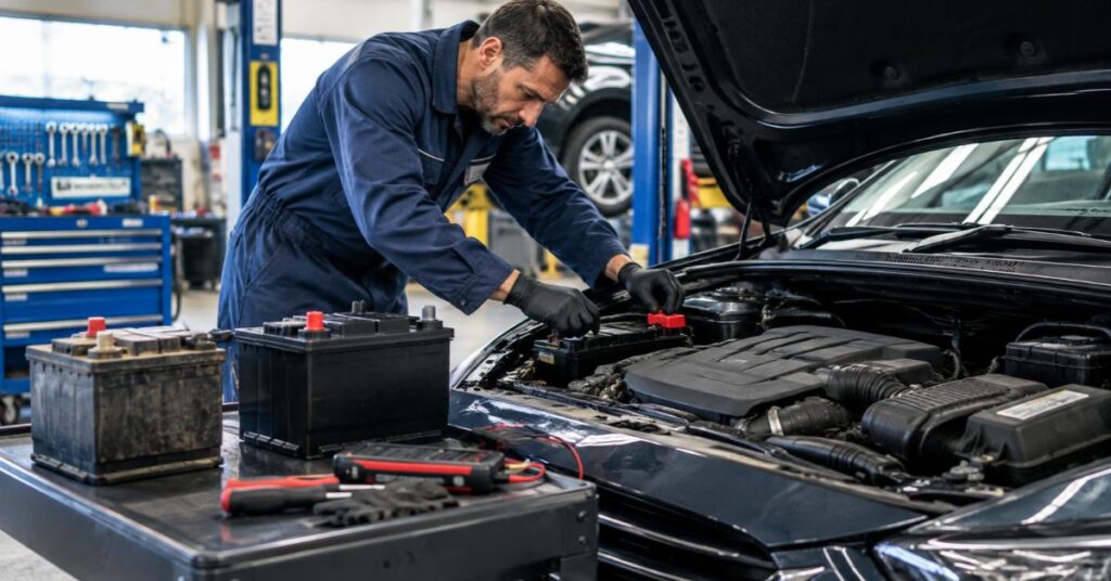 Mechanic inspecting and replacing a car battery during vehicle maintenance