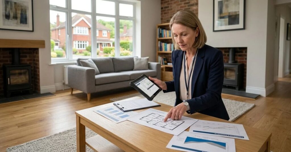 Property surveyor conducting a professional property valuation in a UK home