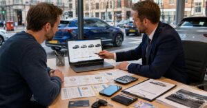Customer comparing UK car rental options and reviewing rental terms with an adviser