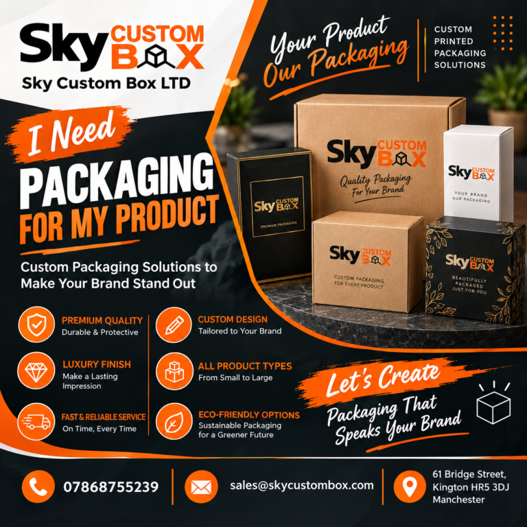 can u make a picture for face book post my brand name Sky Custom Box LTD and my title i need packaging for my product and my local is 61 Bridge Street,Kington HR5 3DJ Manchester and my phone number is [[07868755239](tel:+447868755239) ]and my mail is sales@skycustombox.com want a unqiue pics and please my Gemini Facebook post: 1080×1080 px, and plesae add my logo and this is my logo change a design like this pic design like this pic and my title i need packaging for my product and please don't change a logo give give same logo